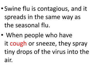 •Swine flu is contagious, and it
spreads in the same way as
the seasonal flu.
• When people who have
it cough or sneeze, they spray
tiny drops of the virus into the
air.
 