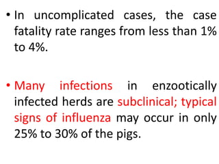 • In uncomplicated cases, the case
fatality rate ranges from less than 1%
to 4%.
• Many infections in enzootically
infected herds are subclinical; typical
signs of influenza may occur in only
25% to 30% of the pigs.
 
