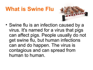 What is Swine Flu
• Swine flu is an infection caused by a
virus. It's named for a virus that pigs
can affect pigs. People usually do not
get swine flu, but human infections
can and do happen. The virus is
contagious and can spread from
human to human.