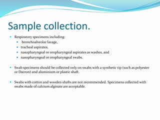 Sample collection.
 Respiratory specimens including:
 bronchoalveolar lavage,
 tracheal aspirates,
 nasopharyngeal or oropharyngeal aspirates as washes, and
 nasopharyngeal or oropharyngeal swabs.
 Swab specimens should be collected only on swabs with a synthetic tip (such as polyester
or Dacron) and aluminium or plastic shaft.
 Swabs with cotton and wooden shafts are not recommended. Specimens collected with
swabs made of calcium alginate are acceptable.
 