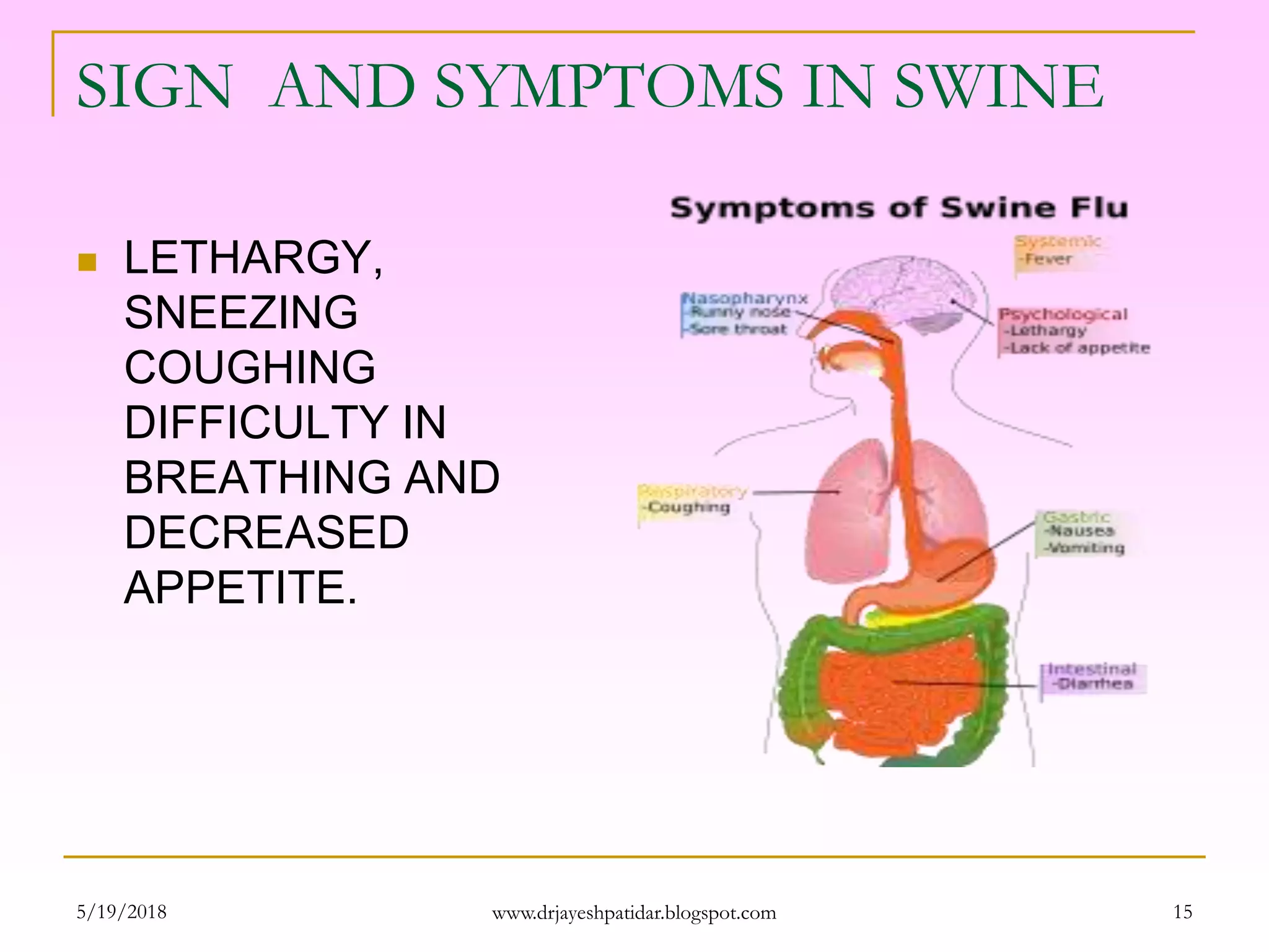 SIGN AND SYMPTOMS IN SWINE
 LETHARGY,
SNEEZING
COUGHING
DIFFICULTY IN
BREATHING AND
DECREASED
APPETITE.
5/19/2018 15www.drjayeshpatidar.blogspot.com
 
