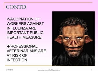 CONTD
•VACCINATION OF
WORKERS AGAINST
INFLUENZA ARE
IMPORTANT PUBLIC
HEALTH MEASURE.
•PROFESSIONAL
VETERINARIANS ARE
AT RISK OF
INFECTION
5/19/2018 11www.drjayeshpatidar.blogspot.com
 