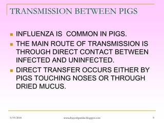 TRANSMISSION BETWEEN PIGS
 INFLUENZA IS COMMON IN PIGS.
 THE MAIN ROUTE OF TRANSMISSION IS
THROUGH DIRECT CONTACT BETWEEN
INFECTED AND UNINFECTED.
 DIRECT TRANSFER OCCURS EITHER BY
PIGS TOUCHING NOSES OR THROUGH
DRIED MUCUS.
5/19/2018 9www.drjayeshpatidar.blogspot.com
 