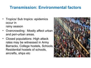 Transmission: Environmental factors
• Tropics/ Sub tropics: epidemics
occur in
rainy season
• Overcrowding : Mostly affect urban
and peri-urban areas.
• Closed populations :High attack
rates may be witnessed in Army
Barracks, College hostels, Schools,
Residential hostels of schools,
aircrafts, ships etc
 