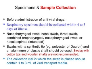 Specimens & Sample Collection
 Before administration of anti viral drugs.
 Respiratory specimen should be collected within 4 to 5
days of illness.
 Nasopharyngeal swab, nasal swab, throat swab,
combined oropharyngeal/ nasopharyngeal swab, or
nasal aspirate (intubated)
 Swabs with a synthetic tip (eg, polyester or Dacron) and
an aluminum or plastic shaft should be used. Swabs with
cotton tips and wooden shafts are not recommended.
 The collection vial in which the swab is placed should
contain 1 to 3 mL of viral transport media.
 