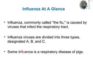 Influenza At A Glance
• Influenza, commonly called "the flu," is caused by
viruses that infect the respiratory tract.
• Influenza viruses are divided into three types,
designated A, B, and C.
• Swine influenza is a respiratory disease of pigs.
 