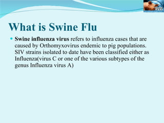 What is Swine Flu Swine influenza virus  refers to influenza cases that are caused by Orthomyxovirus endemic to pig populations. SIV strains isolated to date have been classified either as Influenza(virus C or one of the various subtypes of the genus Influenza virus A) 