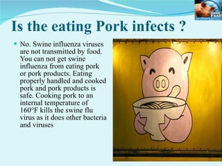 Is the eating Pork infects ? No. Swine influenza viruses are not transmitted by food. You can not get swine influenza from eating pork or pork products. Eating properly handled and cooked pork and pork products is safe. Cooking pork to an internal temperature of 160°F kills the swine flu virus as it does other bacteria and viruses  