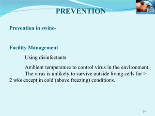 PREVENTION Prevention in swine- Facility Management Using disinfectants  Ambient temperature to control virus in the environment.  The virus is unlikely to survive outside living cells for >  2 wks except in cold (above freezing) conditions.  