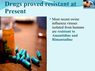 Drugs proved resistant at Present Most recent swine influenza viruses isolated from humans are  resistant to Amantidine and Rimantadine  