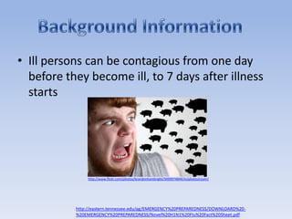 Ill persons can be contagious from one day before they become ill, to 7 days after illness startsBackground Informationhttp://www.flickr.com/photos/brandonhambright/3499974844/in/photostream/http://eastern.tennessee.edu/ag/EMERGENCY%20PREPAREDNESS/DOWNLOARD%20-%20EMERGENCY%20PREPAREDNESS/Novel%20H1N1%20Flu%20Fact%20Sheet.pdf