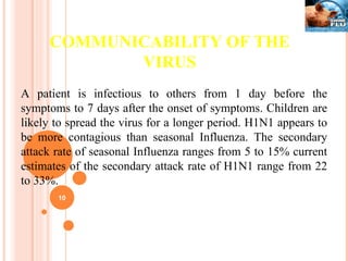 COMMUNICABILITY OF THE VIRUS A patient is infectious to others from 1 day before the symptoms to 7 days after the onset of symptoms. Children are likely to spread the virus for a longer period. H1N1 appears to be more contagious than seasonal Influenza. The secondary attack rate of seasonal Influenza ranges from 5 to 15% current estimates of the secondary attack rate of H1N1 range from 22 to 33%. 