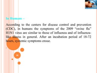In Humans –   According to the centers for disease control and prevention (CDC), in humans the symptoms of the 2009 “swine flu” H1N1 virus are similar to those of influenza and of influenza-like illness in general. After an incubation period of 18-72 hours, systemic symptoms ensue. . 