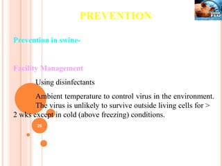 PREVENTION Prevention in swine- Facility Management Using disinfectants  Ambient temperature to control virus in the environment.  The virus is unlikely to survive outside living cells for >  2 wks except in cold (above freezing) conditions.  