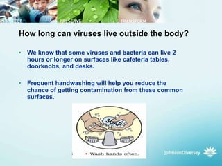 How long can viruses live outside the body? We know that some viruses and bacteria can live 2 hours or longer on surfaces like cafeteria tables, doorknobs, and desks.  Frequent handwashing will help you reduce the chance of getting contamination from these common surfaces.  