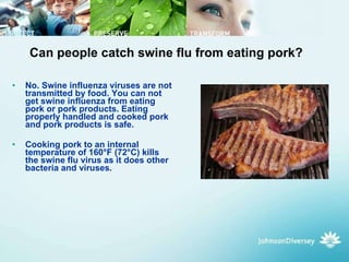 Can people catch swine flu from eating pork? No. Swine influenza viruses are not transmitted by food. You can not get swine influenza from eating pork or pork products. Eating properly handled and cooked pork and pork products is safe.  Cooking pork to an internal temperature of 160°F (72°C) kills the swine flu virus as it does other bacteria and viruses.  