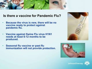 Is there a vaccine for Pandemic Flu? Because the virus is new, there will be no vaccine ready to protect against pandemic flu. Vaccine against Swine Flu virus H1N1 needs at least 6-12 months to be produced. Seasonal flu vaccine or past flu immunization will not provide protection. 