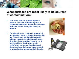 What surfaces are most likely to be sources of contamination? The virus can be spread when a person touches something that is contaminated with the virus and then touches his or her eyes, nose, or mouth.  Droplets from a cough or sneeze of an infected person move through the air. The virus can then be spread when a person touches respiratory droplets from another person on a surface like a desk, doorknob, child’s toy or phone handset and then touches their own eyes, mouth or nose before washing their hands.  