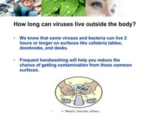 How long can viruses live outside the body? We know that some viruses and bacteria can live 2 hours or longer on surfaces like cafeteria tables, doorknobs, and desks.  Frequent handwashing will help you reduce the chance of getting contamination from these common surfaces.  