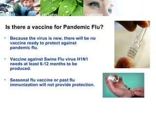 Is there a vaccine for Pandemic Flu?
•   Because the virus is new, there will be no
    vaccine ready to protect against
    pandemic flu.

•   Vaccine against Swine Flu virus H1N1
    needs at least 6-12 months to be
    produced.

•   Seasonal flu vaccine or past flu
    immunization will not provide protection.
 