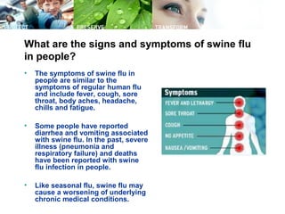 What are the signs and symptoms of swine flu
in people?
• The symptoms of swine flu in
people are similar to the
symptoms of regular human flu
and include fever, cough, sore
throat, body aches, headache,
chills and fatigue.
• Some people have reported
diarrhea and vomiting associated
with swine flu. In the past, severe
illness (pneumonia and
respiratory failure) and deaths
have been reported with swine
flu infection in people.
• Like seasonal flu, swine flu may
cause a worsening of underlying
chronic medical conditions.
 