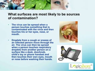 What surfaces are most likely to be sources of contamination? The virus can be spread when a person touches something that is contaminated with the virus and then touches his or her eyes, nose, or mouth.  Droplets from a cough or sneeze of an infected person move through the air. The virus can then be spread when a person touches respiratory droplets from another person on a surface like a desk, doorknob, child’s toy or phone handset and then touches their own eyes, mouth or nose before washing their hands.  