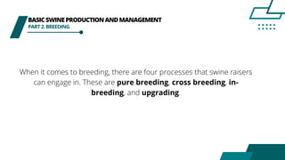 BASICSWINEPRODUCTIONANDMANAGEMENT
PART2.BREEDING
When it comes to breeding, there are four processes that swine raisers
can engage in. These are pure breeding, cross breeding, in-
breeding, and upgrading.
 
