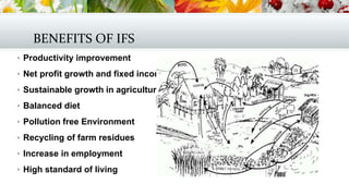 BENEFITS OF IFS
 Productivity improvement
 Net profit growth and fixed income
 Sustainable growth in agriculture
 Balanced diet
 Pollution free Environment
 Recycling of farm residues
 Increase in employment
 High standard of living
 