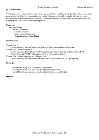 3 Cube Computer Institute                         Website: www.3cci.in
8) JTabbedPane:

A tabbed pane is a component that appears as a group of folders in a file cabinet. Each folder has a title, when
a user selects the folder, its contents become visible. Only one of the folders may be selected at a time.
Tabbed panes are commonly used for setting configuration options. Tabbed panes are encapsulated by the
JTabbedPane class, which extends JComponent.

Hierarchy:
   java.lang.Object
       java.awt.Component
          java.awt.Container
             javax.swing.JComponent
                javax.swing.JTabbedPane

Constructors:

JTabbedPane ()
     Creates an empty TabbedPane with a default tab placement of JTabbedPane.TOP.
JTabbedPane (int tabPlacement)
     Creates an empty TabbedPane with the specified tab placement of either: JTabbedPane.TOP,
      JTabbedPane.BOTTOM, JTabbedPane.LEFT, or JTabbedPane.RIGHT.
JTabbedPane (int tabPlacement, int tabLayoutPolicy)
     Creates an empty TabbedPane with the specified tab placement and tab layout policy.

Methods:

       void addTab(String title, Component component)
       void addTab(String title, Icon icon, Component component)
       void addTab(String title, Icon icon, Component component, String tip)

Example:




                                  Reference: The Complete Reference, Java Doc
 