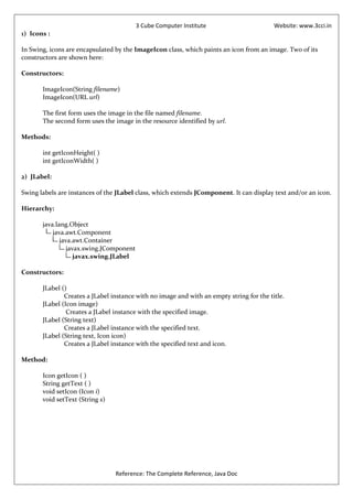 3 Cube Computer Institute                       Website: www.3cci.in
1) Icons :

In Swing, icons are encapsulated by the ImageIcon class, which paints an icon from an image. Two of its
constructors are shown here:

Constructors:

       ImageIcon(String filename)
       ImageIcon(URL url)

       The first form uses the image in the file named filename.
       The second form uses the image in the resource identified by url.

Methods:

       int getIconHeight( )
       int getIconWidth( )

2) JLabel:

Swing labels are instances of the JLabel class, which extends JComponent. It can display text and/or an icon.

Hierarchy:

       java.lang.Object
           java.awt.Component
              java.awt.Container
                 javax.swing.JComponent
                    javax.swing.JLabel

Constructors:

       JLabel ()
               Creates a JLabel instance with no image and with an empty string for the title.
       JLabel (Icon image)
                Creates a JLabel instance with the specified image.
       JLabel (String text)
               Creates a JLabel instance with the specified text.
       JLabel (String text, Icon icon)
               Creates a JLabel instance with the specified text and icon.

Method:

       Icon getIcon ( )
       String getText ( )
       void setIcon (Icon i)
       void setText (String s)




                                 Reference: The Complete Reference, Java Doc
 