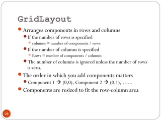 GridLayout
28
Arranges components in rows and columns
If the number of rows is specified
columns = number of components / rows
If the number of columns is specified
Rows = number of components / columns
The number of columns is ignored unless the number of rows
is zero.
The order in which you add components matters
Component 1  (0,0), Component 2  (0,1), …...
Components are resized to fit the row-column area
 