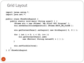 Grid Layout
29
import javax.swing.*;
import java.awt.*;
public class ShowGridLayout {
public static void main( String args[] ) {
JFrame win = new JFrame( "My First GUI Program" );
win.setDefaultCloseOperation( JFrame.EXIT_ON_CLOSE );
win.getContentPane().setLayout( new GridLayout( 2, 0 ) );
for ( int i = 0; i < 10; i++ ){
win.getContentPane().add(
new JButton( String.valueOf( i ) ) );
}
win.setVisible(true);
}
} // ShowGridLayout
 