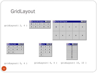 GridLayout
30
gridLayout( 2, 4 )
gridLayout( 0, 4 ) gridLayout( 4, 4 ) gridLayout( 10, 10 )
 
