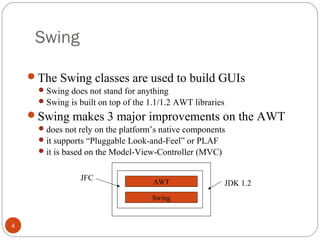 Swing
4
The Swing classes are used to build GUIs
Swing does not stand for anything
Swing is built on top of the 1.1/1.2 AWT libraries
Swing makes 3 major improvements on the AWT
does not rely on the platform’s native components
it supports “Pluggable Look-and-Feel” or PLAF
it is based on the Model-View-Controller (MVC)
AWT
Swing
JFC
JDK 1.2
 