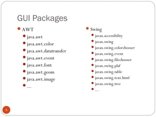 GUI Packages
5
AWT
java.awt
java.awt.color
java.awt.datatransfer
java.awt.event
java.awt.font
java.awt.geom
java.awt.image
...
Swing
javax.accessibility
javax.swing
javax.swing.colorchooser
javax.swing.event
javax.swing.filechooser
javax.swing.plaf
javax.swing.table
javax.swing.text.html
javax.swing.tree
...
 