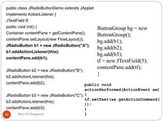public class JRadioButtonDemo extends JApplet
implements ActionListener {
JTextField tf;
public void init() {
Container contentPane = getContentPane();
contentPane.setLayout(new FlowLayout());
JRadioButton b1 = new JRadioButton("A");
b1.addActionListener(this);
contentPane.add(b1);
JRadioButton b2 = new JRadioButton("B");
b2.addActionListener(this);
contentPane.add(b2);
JRadioButton b3 = new JRadioButton("C");
b3.addActionListener(this);
contentPane.add(b3);
ButtonGroup bg = new
ButtonGroup();
bg.add(b1);
bg.add(b2);
bg.add(b3);
tf = new JTextField(5);
contentPane.add(tf);
}
public void
actionPerformed(ActionEvent ae)
{
tf.setText(ae.getActionCommand(
));
}
}30 Miss.P.S.Dungarwal
 