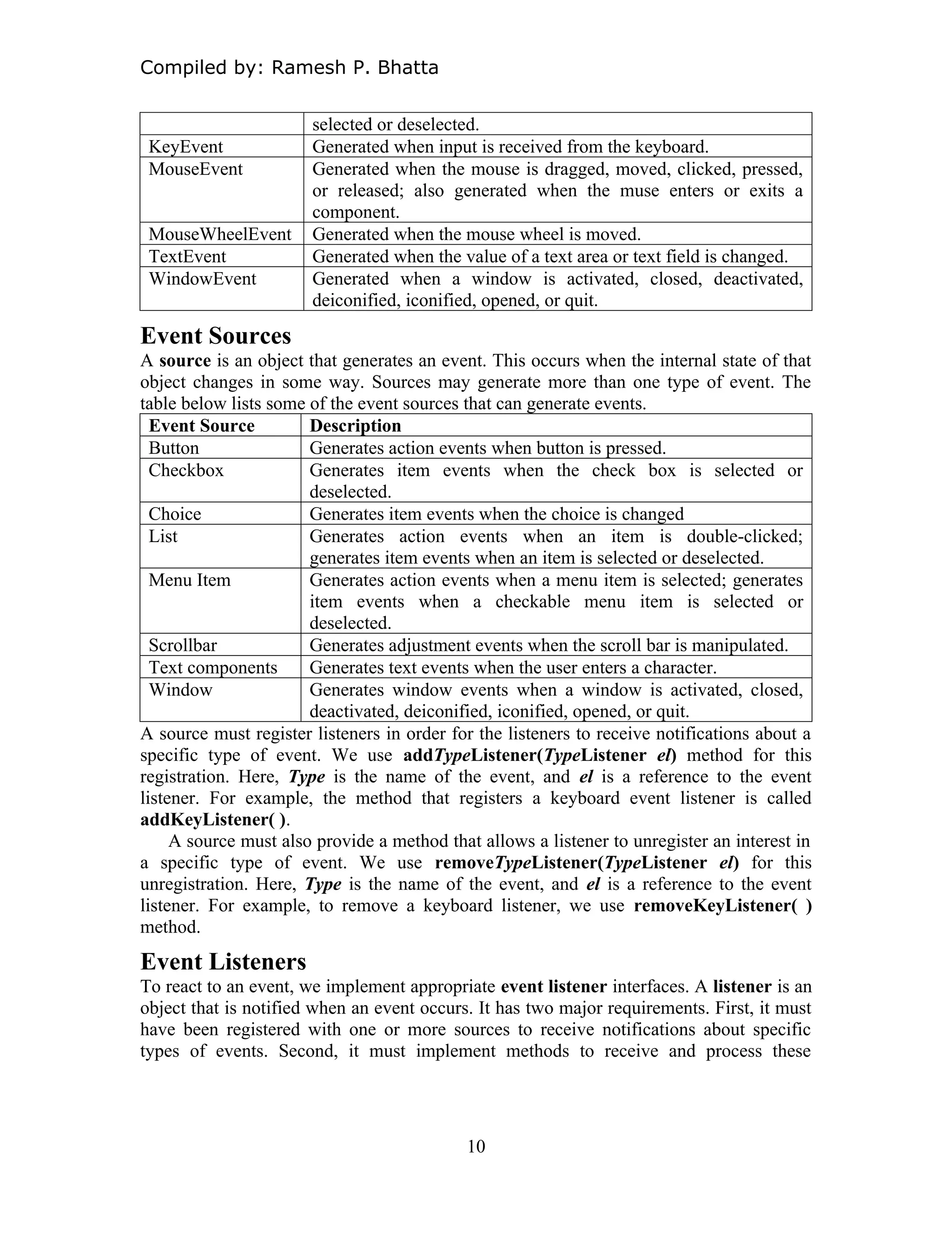 Compiled by: Ramesh P. Bhatta
selected or deselected.
KeyEvent Generated when input is received from the keyboard.
MouseEvent Generated when the mouse is dragged, moved, clicked, pressed,
or released; also generated when the muse enters or exits a
component.
MouseWheelEvent Generated when the mouse wheel is moved.
TextEvent Generated when the value of a text area or text field is changed.
WindowEvent Generated when a window is activated, closed, deactivated,
deiconified, iconified, opened, or quit.
Event Sources
A source is an object that generates an event. This occurs when the internal state of that
object changes in some way. Sources may generate more than one type of event. The
table below lists some of the event sources that can generate events.
Event Source Description
Button Generates action events when button is pressed.
Checkbox Generates item events when the check box is selected or
deselected.
Choice Generates item events when the choice is changed
List Generates action events when an item is double-clicked;
generates item events when an item is selected or deselected.
Menu Item Generates action events when a menu item is selected; generates
item events when a checkable menu item is selected or
deselected.
Scrollbar Generates adjustment events when the scroll bar is manipulated.
Text components Generates text events when the user enters a character.
Window Generates window events when a window is activated, closed,
deactivated, deiconified, iconified, opened, or quit.
A source must register listeners in order for the listeners to receive notifications about a
specific type of event. We use addTypeListener(TypeListener el) method for this
registration. Here, Type is the name of the event, and el is a reference to the event
listener. For example, the method that registers a keyboard event listener is called
addKeyListener( ).
A source must also provide a method that allows a listener to unregister an interest in
a specific type of event. We use removeTypeListener(TypeListener el) for this
unregistration. Here, Type is the name of the event, and el is a reference to the event
listener. For example, to remove a keyboard listener, we use removeKeyListener( )
method.
Event Listeners
To react to an event, we implement appropriate event listener interfaces. A listener is an
object that is notified when an event occurs. It has two major requirements. First, it must
have been registered with one or more sources to receive notifications about specific
types of events. Second, it must implement methods to receive and process these
10
 