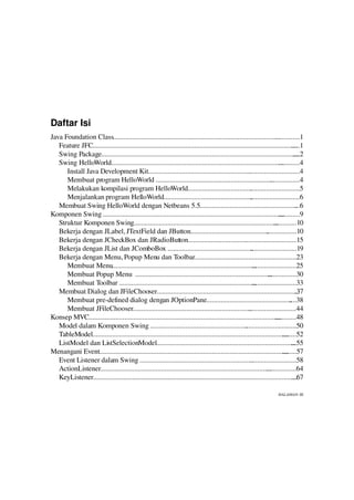 Daftar Isi
Java Foundation Class..............................................................................................  ..............1
   Feature JFC...................................................................................................................
                                                                                                                              .....1
   Swing Package...................................................................................................................2
   Swing HelloWorld.................................................................................................   ............4
      Install Java Development Kit..........................................................         .............................4
      Membuat program HelloWorld ..................................................................               .................4
      Melakukan kompilasi program HelloWorld...............................................................5
                                                                                                      .
      Menjalankan program HelloWorld..................................................                ............................6
   Membuat Swing HelloWorld dengan Netbeans 5.5.......................................................                          ...6
Komponen Swing ......................................................................................................  ............9
   Struktur Komponen Swing.................................................................................         .............10
   Bekerja dengan JLabel, JTextField dan JButton............................................                    .................10
   Bekerja dengan JCheckBox dan JRadioButton.............................................................15
                                                                                                   .
   Bekerja dengan JList dan JComboBox ................................................                 ..........................19
   Bekerja dengan Menu, Popup Menu dan Toolbar.........................................................23
                                                                                                      .
      Membuat Menu.................................................................................     .........................25
      Membuat Popup Menu  .............................................................................          ................30
      Membuat Toolbar .............................................................................     .........................33
   Membuat Dialog dan JFileChooser................................................................................              .37
      Membuat pre­defined dialog dengan JOptionPane................................................                          ....38
      Membuat JFileChooser...................................................................        ...........................44
Konsep MVC............................................................................................................
                                                                                                                     ............48
   Model dalam Komponen Swing .......................................................              .............................50
   TableModel..............................................................................................................
                                                                                                                         ........52
   ListModel dan ListSelectionModel..............................................................................             ...55
Menangani Event..................................................................................................................57
   Event Listener dalam Swing ................................................................        ..........................58
   ActionListener................................................................................................
                                                                                                                .................64
   KeyListener...................................................................................................................
                                                                                                                              ...67

                                                                                                                      HALAMAN III
 