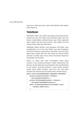 HALAMAN 52 | JAVA SWING


                          yang nyaris tidak pernah kita rubah—ButtonModel—tidak dibahas
                          dalam bagian ini.


                          TableModel
                          TableModel adalah class model yang paling sering dikustomisasi.
                          Karakteristik data dari JTable yang berbentuk koleksi data dua
                          dimensi membutuhkan perhatian khusus agar efisien digunakan
                          dalam aplikasi. Jika kita tidak hati-hati, maka aplikasi kita bisa
                          menjadi sangat lambat dan tidak efisien.

                          TableModel adalah interface yang digunakan oleh JTable untuk
                          mendefinisikan ciri-ciri dari data tabular yang akan ditampilkan
                          oleh JTable. Misalnya : jumlah kolom, nama kolom, class dari object
                          dalam kolom, jumlah baris dan nilai setiap cell. Dengan adanya
                          data-data ini JTable dapat secara efisien menentukan bagaimana
                          menampilkan data tersebut.

                          Berikut    ini   adalah   kode   untuk   menampilkan   koleksi   object
                          Customer. Class ArrayList<Customer> adalah implementasi dari
                          generics, konsep dalam Java yang digunakan untuk mendefinisikan
                          isi dari koleksi. ArrayList<Customer> artinya adalah membuat
                          sebuah object koleksi ArrayList yang harus diisi oleh object
                          Customer dan tidak bisa diisi oleh object lainya, misalnya String.
                          public class CustomerTableModel implements TableModel{
                              private ArrayList<Customer> customers = 
                                    new ArrayList<Customer>();
                              private Set<TableModelListener> listeners = 
                                    new HashSet<TableModelListener>();
                              public CustomerTableModel(List<Customer> cust){
                                  customers.addAll(cust);
                              }
 