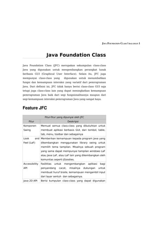 JAVA FOUNDATION CLASS | HALAMAN 1



                       Java Foundation Class

Java Foundation Class (JFC) merupakan sekumpulan class-class
Java yang digunakan untuk mengembangkan perangkat lunak
berbasis GUI (Graphical User Interface). Selain itu, JFC juga
mempunyai class-class yang             digunakan untuk menambahkan
fungsi dan kemampuan interaksi yang variatif dari pemrograman
Java. Dari definisi ini, JFC tidak hanya berisi class-class GUI saja
tetapi juga class-class lain yang dapat meningkatkan kemampuan
pemrograman Java baik dari segi fungsionalitasnya maupun dari
segi kemampuan interaksi pemrograman Java yang sangat kaya.


Feature JFC

                     Fitur-fitur yang dipunyai oleh JFC
      Fitur                                Deskripsi
Komponen          Memuat semua class-class yang dibutuhkan untuk
Swing             membuat aplikasi berbasis GUI, dari tombol, table,
                  tab, menu, toolbar dan sebagainya
Look          and Memberikan kemampuan kepada program Java yang
Feel (LaF)        dikembangkan menggunakan library swing untuk
                  memilih tema tampilan. Misalnya sebuah program
                  yang sama dapat mempunyai tampilan windows LaF
                  atau Java LaF, atau LaF lain yang dikembangkan oleh
                  komunitas seperti JGoodies.
Accessibility     Faslititas   untuk   mengembangkan      aplikasi    bagi
API               penyandang      cacat,    misalnya   dukungan      untuk
                  membuat huruf braile, kemampuan mengambil input
                  dari layar sentuh dan sebagainya.
Java 2D API       Berisi kumpulan class-class yang dapat digunakan
 