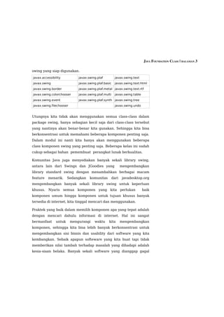 JAVA FOUNDATION CLASS | HALAMAN 3

swing yang siap digunakan.
javax.accessibility           javax.swing.plaf          javax.swing.text
javax.swing                   javax.swing.plaf.basic    javax.swing.text.html
javax.swing.border            javax.swing.plaf.metal javax.swing.text.rtf
javax.swing.colorchooser      javax.swing.plaf.multi    javax.swing.table
javax.swing.event             javax.swing.plaf.synth javax.swing.tree
javax.swing.filechooser                                 javax.swing.undo


Utungnya kita tidak akan menggunakan semua class-class dalam
package swing, hanya sebagian kecil saja dari class-class tersebut
yang nantinya akan benar-benar kita gunakan. Sehingga kita bisa
berkonsentrasi untuk memahami beberapa komponen penting saja.
Dalam modul ini nanti kita hanya akan menggunakan beberapa
class komponen swing yang penting saja. Beberapa kelas ini sudah
cukup sebagai bahan pemembuat perangkat lunak berkualitas.

Komunitas Java juga menyediakan banyak sekali library swing,
antara lain dari Swingx dan JGoodies yang                     mengembangkan
library standard swing dengan menambahkan berbagai macam
feature   menarik.     Sedangkan     komunitas         dari   javadesktop.org
mengembangkan banyak sekali library swing untuk keperluan
khusus. Nyaris semua komponen yang kita perlukan                            baik
komponen umum hingga komponen untuk tujuan khusus banyak
tersedia di internet, kita tinggal mencari dan menggunakan.

Praktek yang baik dalam memilih komponen apa yang tepat adalah
dengan mencari dahulu informasi di internet. Hal ini sangat
bermanfaat     untuk      mengurangi    waktu     kita        mengembangkan
komponen, sehingga kita bisa lebih banyak berkonsentrasi untuk
mengembangkan sisi bisnis dan usability dari software yang kita
kembangkan. Sebaik apapun softeware yang kita buat tapi tidak
memberikan nilai tambah terhadap masalah yang dihadapi adalah
kesia-siaan belaka. Banyak sekali software yang dianggap gagal
 