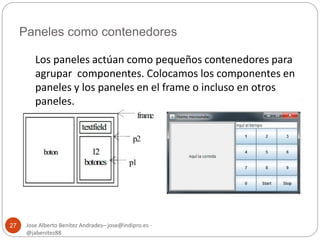 Paneles como contenedores 
Jose Alberto Benítez Andrades– jose@indipro.es - 
@jabenitez88 
27 
Los paneles actúan como pequeños contenedores para 
agrupar componentes. Colocamos los componentes en 
paneles y los paneles en el frame o incluso en otros 
paneles. 
 