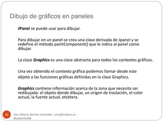 Dibujo de gráficos en paneles 
Jose Alberto Benítez Andrades– jose@indipro.es - 
@jabenitez88 
30 
JPanel se puede usar para dibujar. 
Para dibujar en un panel se crea una clase derivada de Jpanel y se 
redefine el método paintComponent() que le indica al panel como 
dibujar. 
La clase Graphics es una clase abstracta para todos los contextos gráficos. 
Una vez obtenido el contexto gráfico podemos llamar desde este 
objeto a las funciones gráficas definidas en la clase Graphics. 
Graphics contiene información acerca de la zona que necesita ser 
redibujada: el objeto donde dibujar, un origen de traslación, el color 
actual, la fuente actual, etcétera. 
 