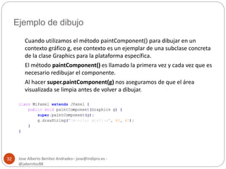 Ejemplo de dibujo 
Jose Alberto Benítez Andrades– jose@indipro.es - 
@jabenitez88 
32 
Cuando utilizamos el método paintComponent() para dibujar en un 
contexto gráfico g, ese contexto es un ejemplar de una subclase concreta 
de la clase Graphics para la plataforma específica. 
El método paintComponent() es llamado la primera vez y cada vez que es 
necesario redibujar el componente. 
Al hacer super.paintComponent(g) nos aseguramos de que el área 
visualizada se limpia antes de volver a dibujar. 
 
