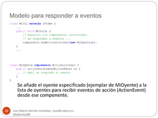 Modelo para responder a eventos 
Jose Alberto Benítez Andrades– jose@indipro.es - 
@jabenitez88 
39 
Se añade el oyente especificado (ejemplar de MiOyente) a la 
lista de oyentes para recibir eventos de acción (ActionEvent) 
desde ese componente. 
 
