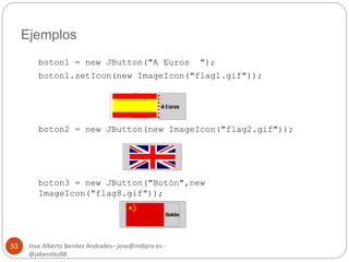 Ejemplos 
Jose Alberto Benítez Andrades– jose@indipro.es - 
@jabenitez88 
53 
boton1 = new JButton("A Euros "); 
boton1.setIcon(new ImageIcon("flag1.gif")); 
boton2 = new JButton(new ImageIcon("flag2.gif")); 
boton3 = new JButton("Botón",new 
ImageIcon("flag8.gif")); 
 