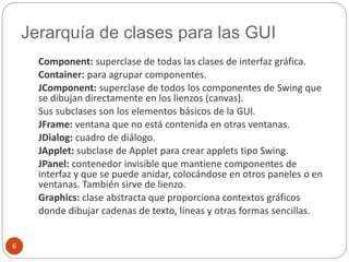 Jerarquía de clases para las GUI 
6 
Component: superclase de todas las clases de interfaz gráfica. 
Container: para agrupar componentes. 
JComponent: superclase de todos los componentes de Swing que 
se dibujan directamente en los lienzos (canvas). 
Sus subclases son los elementos básicos de la GUI. 
JFrame: ventana que no está contenida en otras ventanas. 
JDialog: cuadro de diálogo. 
JApplet: subclase de Applet para crear applets tipo Swing. 
JPanel: contenedor invisible que mantiene componentes de 
interfaz y que se puede anidar, colocándose en otros paneles o en 
ventanas. También sirve de lienzo. 
Graphics: clase abstracta que proporciona contextos gráficos 
donde dibujar cadenas de texto, líneas y otras formas sencillas. 
 