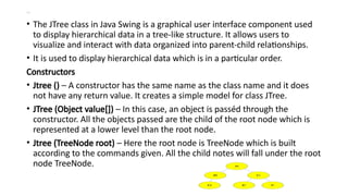 7.JTree
• The JTree class in Java Swing is a graphical user interface component used
to display hierarchical data in a tree-like structure. It allows users to
visualize and interact with data organized into parent-child relationships.
• It is used to display hierarchical data which is in a particular order.
Constructors
• Jtree () – A constructor has the same name as the class name and it does
not have any return value. It creates a simple model for class JTree.
• JTree (Object value[]) – In this case, an object is passéd through the
constructor. All the objects passed are the child of the root node which is
represented at a lower level than the root node.
• Jtree (TreeNode root) – Here the root node is TreeNode which is built
according to the commands given. All the child notes will fall under the root
node TreeNode.
 
