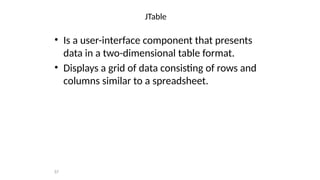 JTable
• Is a user-interface component that presents
data in a two-dimensional table format.
• Displays a grid of data consisting of rows and
columns similar to a spreadsheet.
57
 