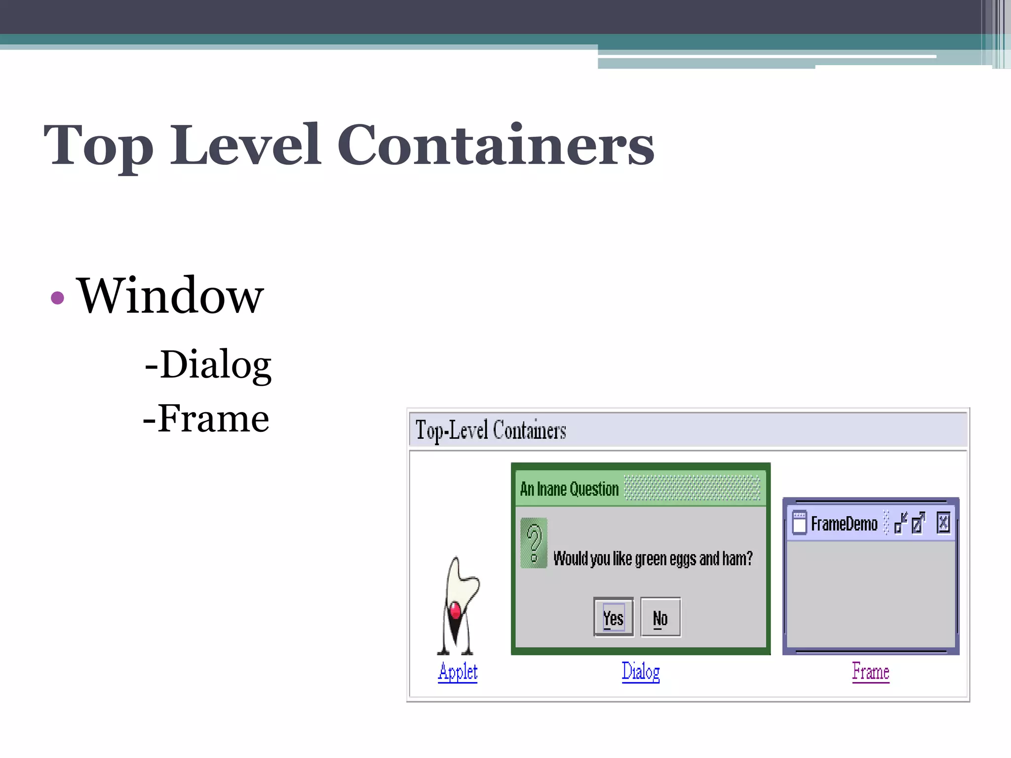 Top Level Containers
• Window
-Dialog
-Frame